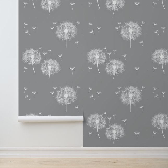 Modern Elegant White Dandelions on Dark Grey Wallpaper (Application)