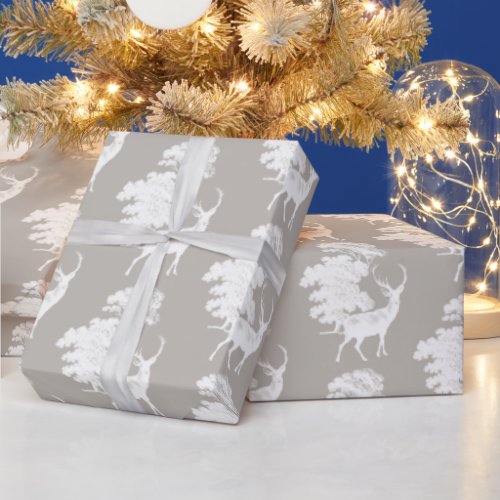Modern Elegant White Deer Woodland Silver Grey Wrapping Paper