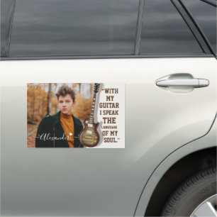 Modern Elegant White Electric Guitar Photo & Name Car Magnet