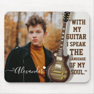 Modern Elegant White Electric Guitar Photo & Name Mouse Pad