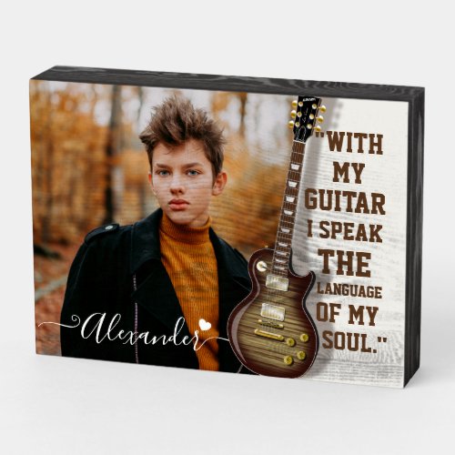 Modern Elegant White Electric Guitar Photo  Name Wooden Box Sign