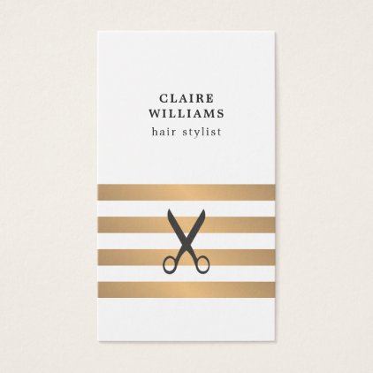 Modern Elegant White Faux Gold Stripes HairStylist Business Card