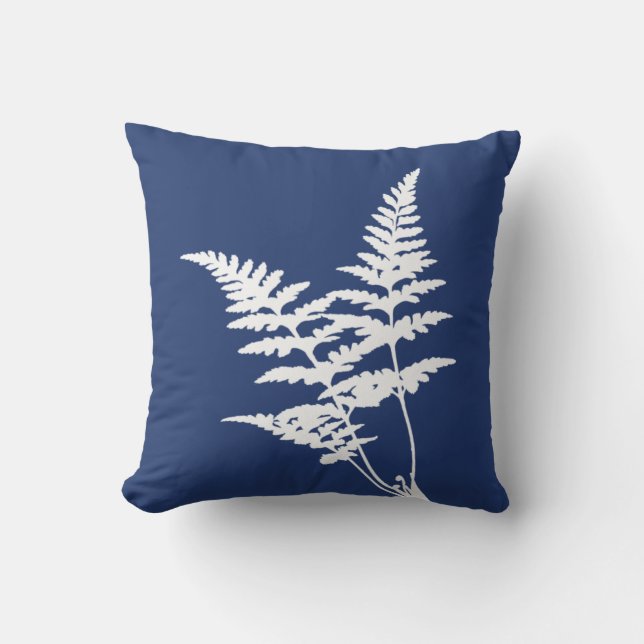 Modern Elegant White Fern Navy Blue Throw Pillow (Front)