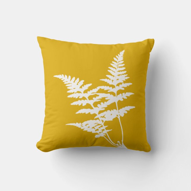 Modern Elegant White Fern on Mustard Yellow Throw Pillow (Front)