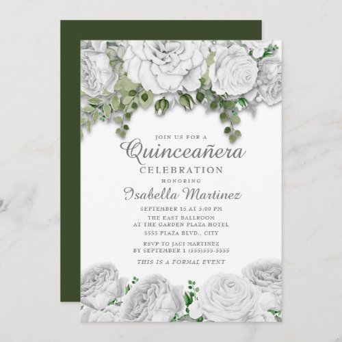 Modern Elegant White Floral Green Quinceaera Invitation