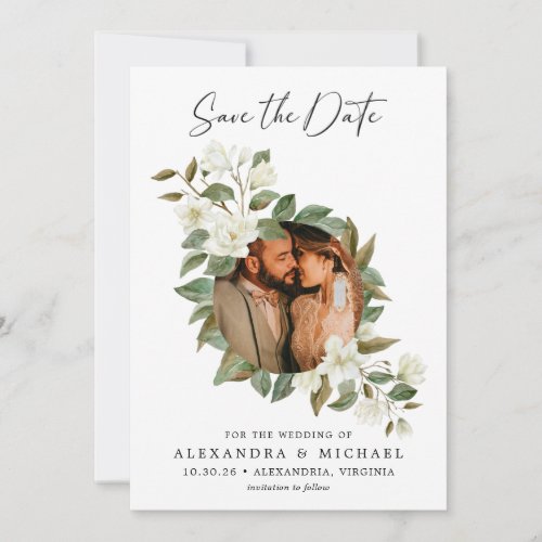 Modern Elegant White Floral Photo Save the Date 