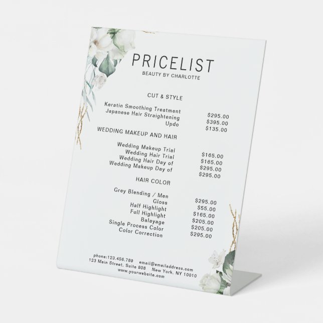 Modern,  elegant white flowers , price list pedestal sign (Front)