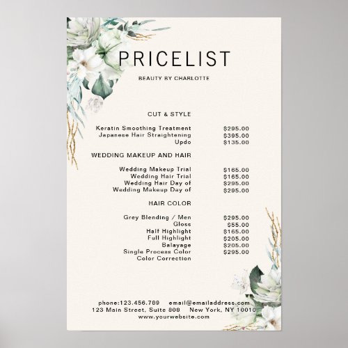 Modern  elegant white flowers  price list poster
