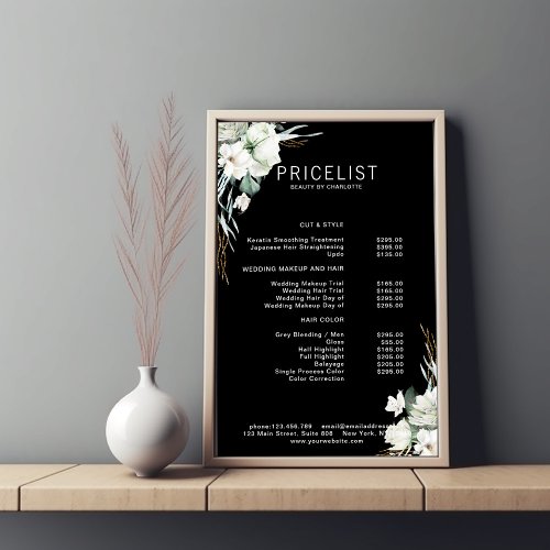 Modern  elegant white flowers  price list poster