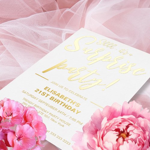 Modern Elegant WhiteGold 21st Surprise Birthday  Foil Invitation