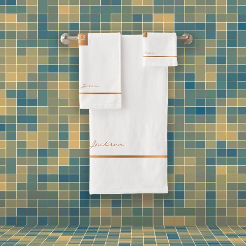 Modern elegant white gold chic monogrammed stripes bath towel set