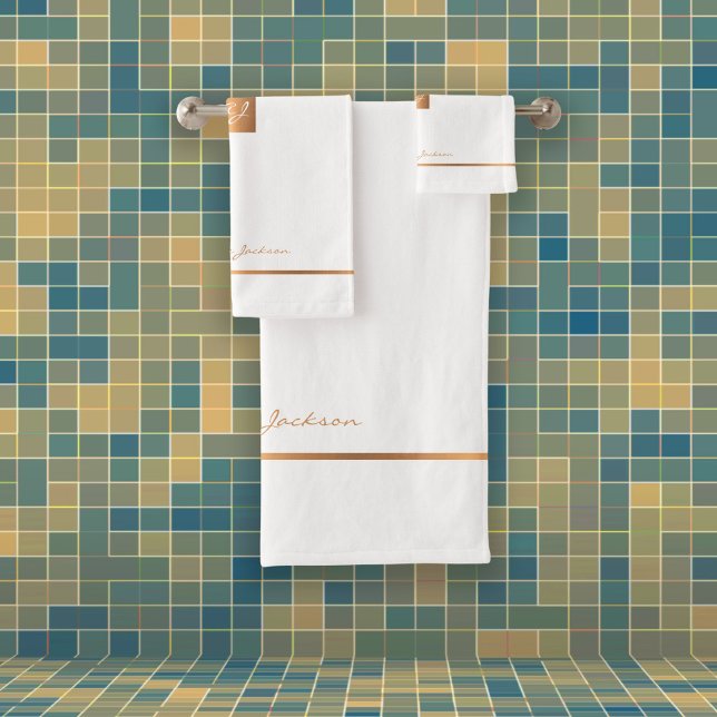 Modern elegant white gold chic monogrammed stripes bath towel set (Creator Uploaded)