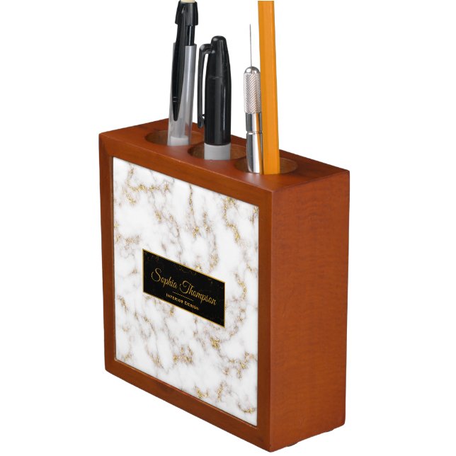 Modern Elegant White Gold Marble - Desk Organizer (In Situ)