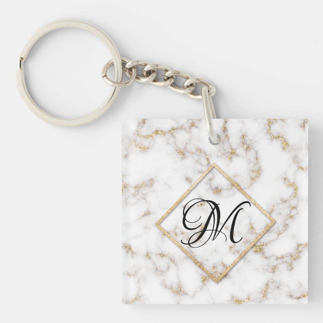 Modern Elegant White Gold Marble Monogram Keychain (Front)
