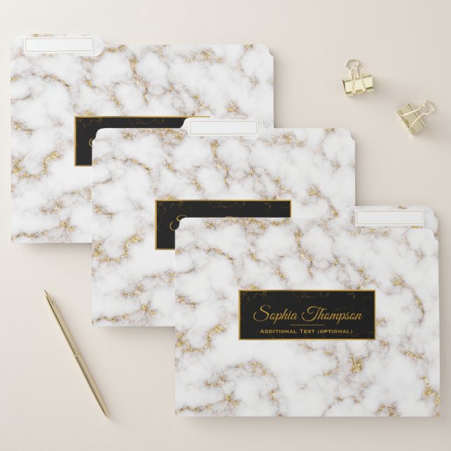 Modern Elegant White Gold Marble Name File Folder (Set)