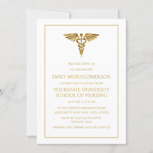 Modern Elegant White Gold Nursing School Graduate  Invitation
