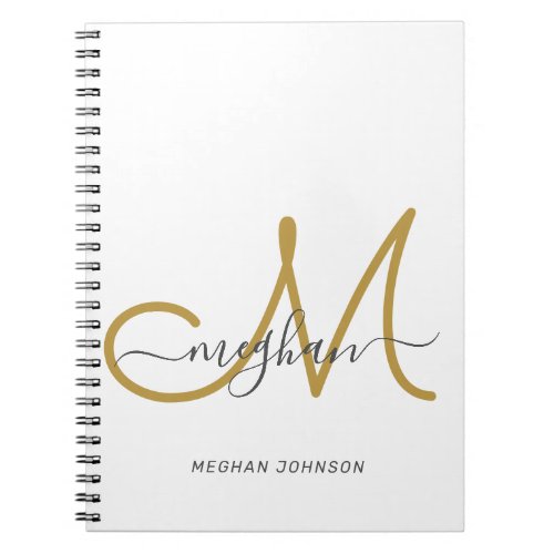 Modern Elegant White Gold White Script Monogram  Notebook