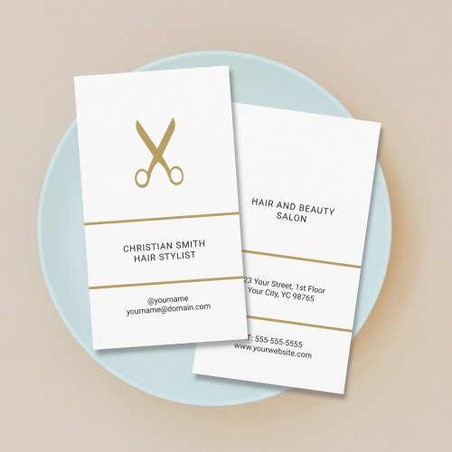 Modern Elegant White Golden Scissors Hair Stylist Business Card