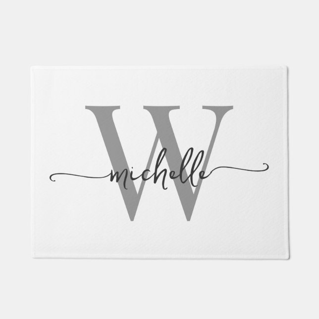 Modern Elegant White Gray Monogram Name Script Doormat (Front)