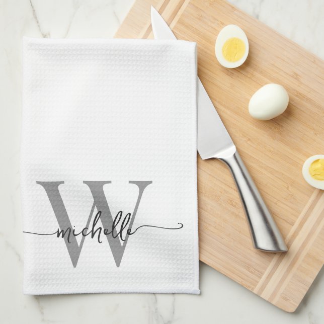 Modern Elegant White Gray Monogram Name Script Kitchen Towel (Quarter Fold)