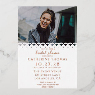Modern Elegant White Lace Photo Bridal Shower Foil Invitation