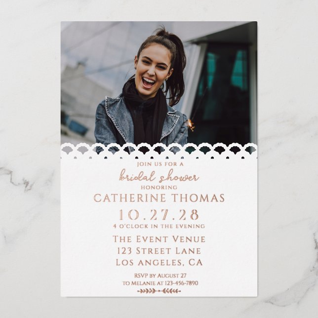 Modern Elegant White Lace Photo Bridal Shower Foil Invitation (Front)