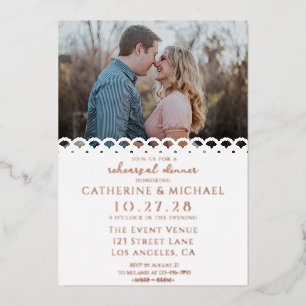 Modern Elegant White Lace Photo Rehearsal Dinner Foil Invitation