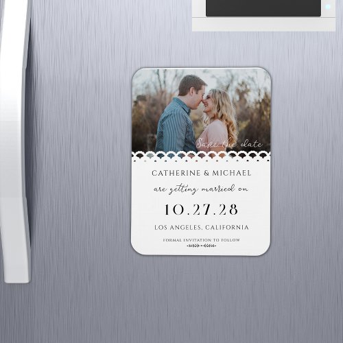 Modern Elegant White Lace Photo  Save The Date Magnet