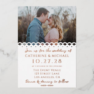 Modern Elegant White Lace Photo Wedding Foil Invitation