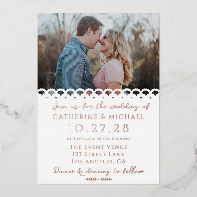 Modern Elegant White Lace Photo Wedding Foil Invitation (Front)