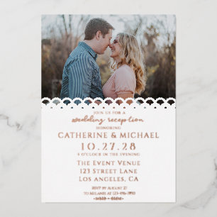 Modern Elegant White Lace Photo Wedding Reception Foil Invitation