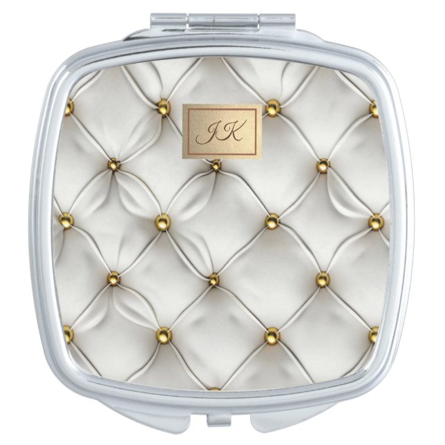 Modern Elegant White Leather Tufted Gold Compact Mirror (Front)