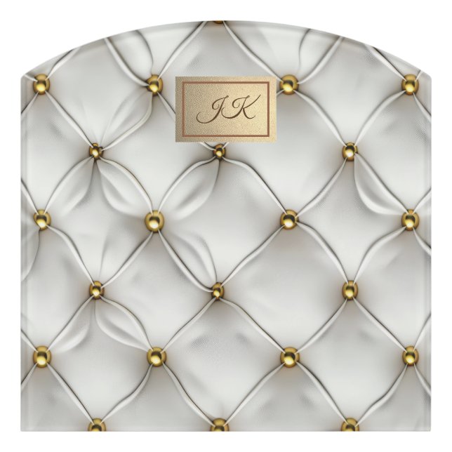 Modern Elegant White Leather Tufted Gold Door Sign (Contour Front)