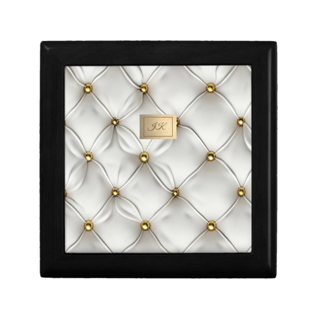 Modern Elegant White Leather Tufted Gold Gift Box (Front)