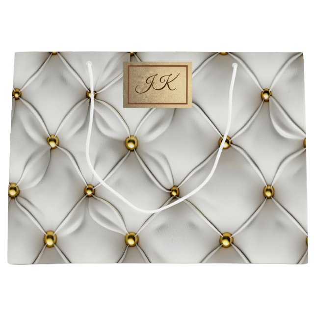 Modern Elegant White Leather Tufted Gold Large Gift Bag (Front)