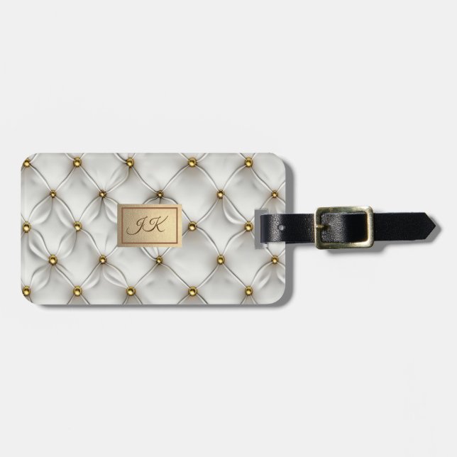 Modern Elegant White Leather Tufted Gold Luggage Tag (Front Horizontal)