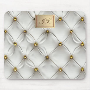 Modern Elegant White Leather Tufted Gold Mouse Pad