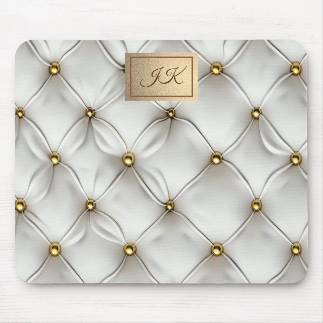 Modern Elegant White Leather Tufted Gold Mouse Pad (Front)