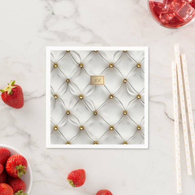 Modern Elegant White Leather Tufted Gold Napkins (Insitu)
