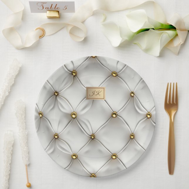 Modern Elegant White Leather Tufted Gold Paper Plates (Wedding)
