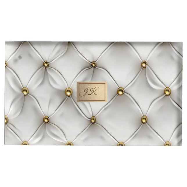 Modern Elegant White Leather Tufted Gold Place Card Holder (Front)