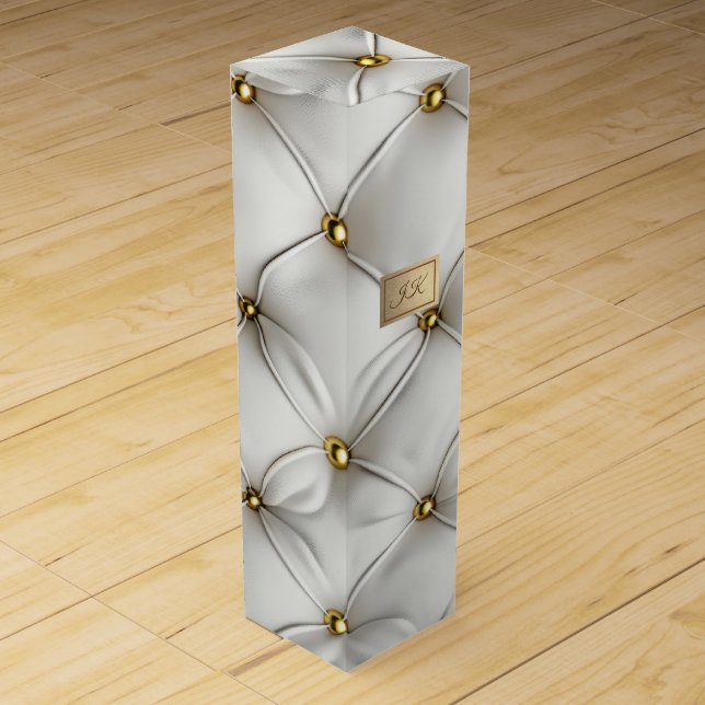 Modern Elegant White Leather Tufted Gold Wine Box (Front)