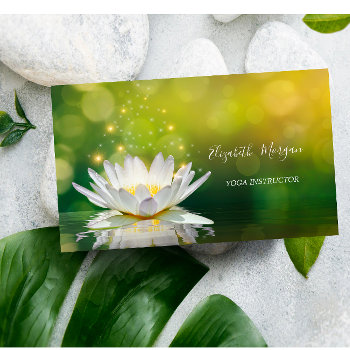 Modern Elegant White Lotus Gold  Yoga Instructor Business Card by Biglibigli at Zazzle