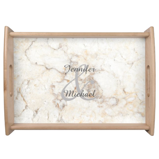 Modern elegant white marble bride groom wedding serving tray (Front)