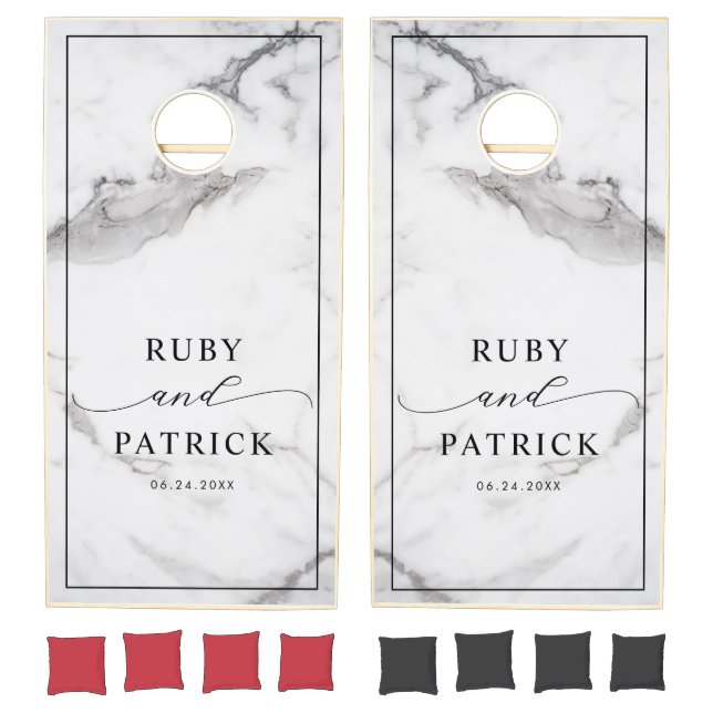 Modern Elegant White Marble Custom Names Wedding Cornhole Set (Set)