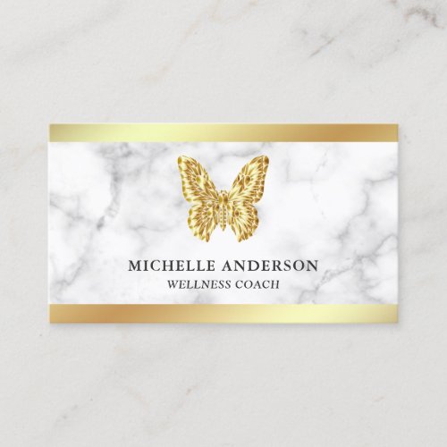 Modern Elegant White Marble Gold Foil Butterfly Business Card
