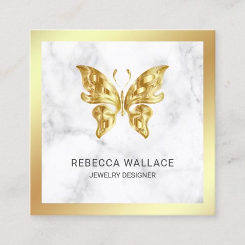 Modern Elegant White Marble Gold Foil Butterfly Square Business Card