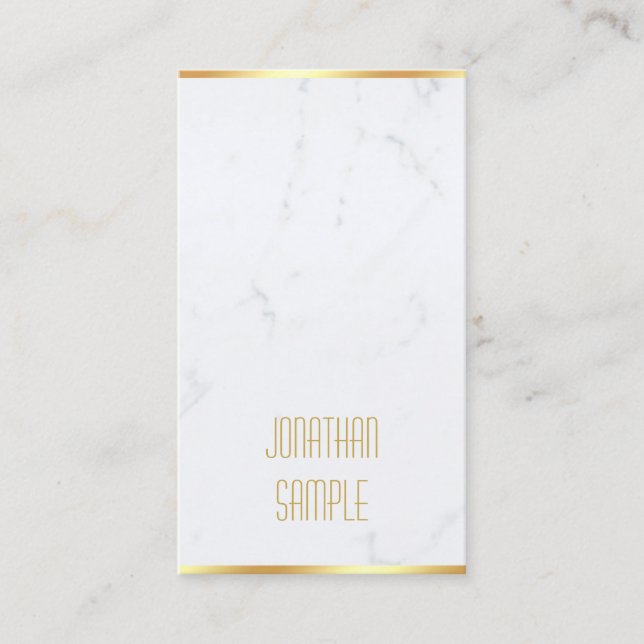 Modern Elegant White Marble Gold Text Template Business Card (Front)