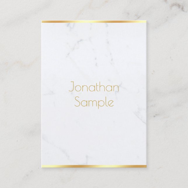 Modern Elegant White Marble Gold Text Template Business Card (Front)