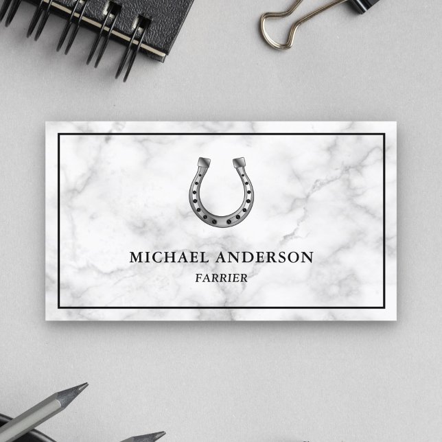 Modern Elegant White Marble Horseshoe Farrier Business Card (Creator Uploaded)